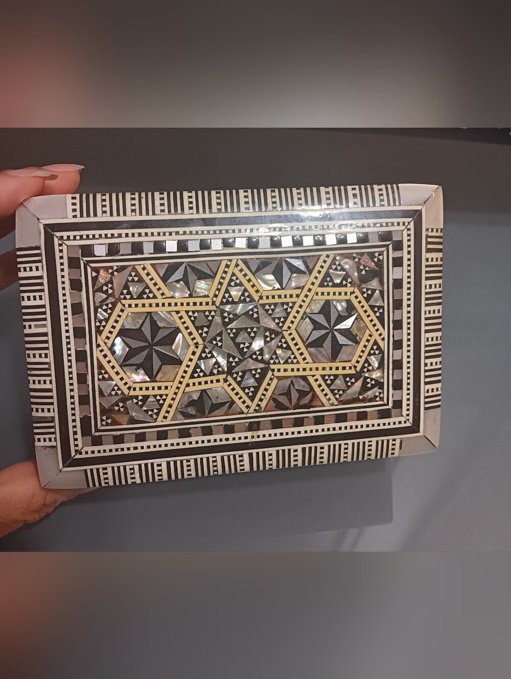 Antique Geometric Mother Of Pearl Jewelry Box